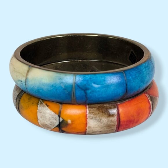 Vintage Set of 2 Brass & Bone Bangles - Picture 3 of 7